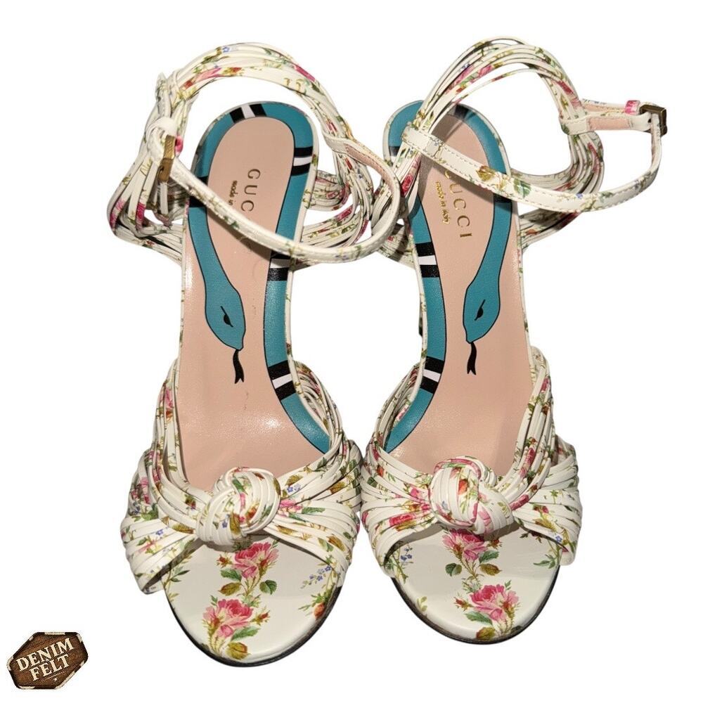 NEW Gucci Knotted Ivory Floral Leather Heels Size 35.5 Wedding Strappy Sandals - Picture 9 of 13